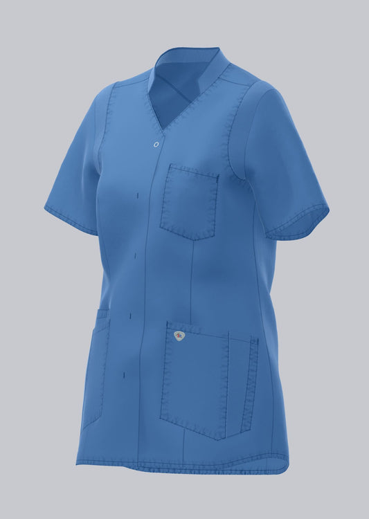 BP lichte dames zorgtuniek in azuurblauw met ademende stretchstof en moderne pasvorm