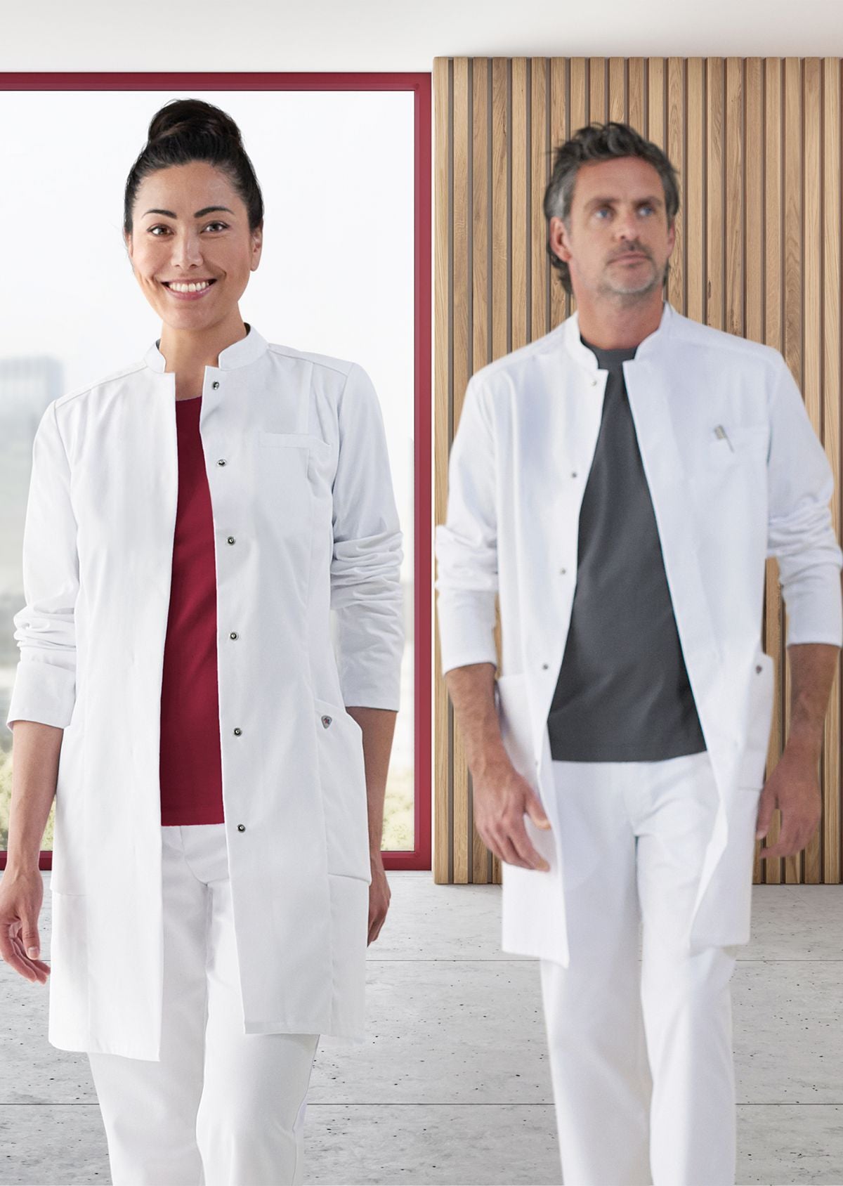 BP stretch zorgjas voor dames met opstaande kraag, drukknoopsluiting en flexibele inzetstukken voor zorgprofessionals