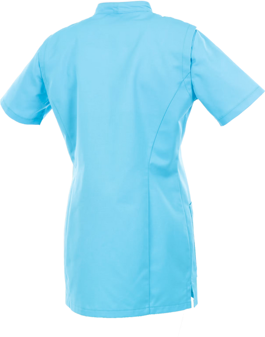 Achteraanzicht van Alsico Mentha dames zorgtuniek blauw wit met regular fit