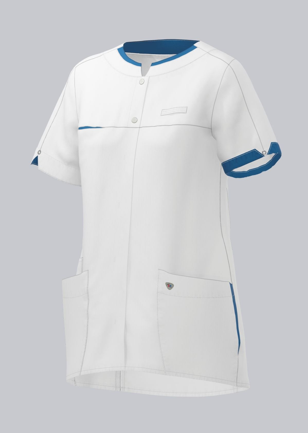 BP dames zorgtuniek met modern fit, drukknoopsluiting, kleuraccenten en smartphonezak voor zorgprofessionals