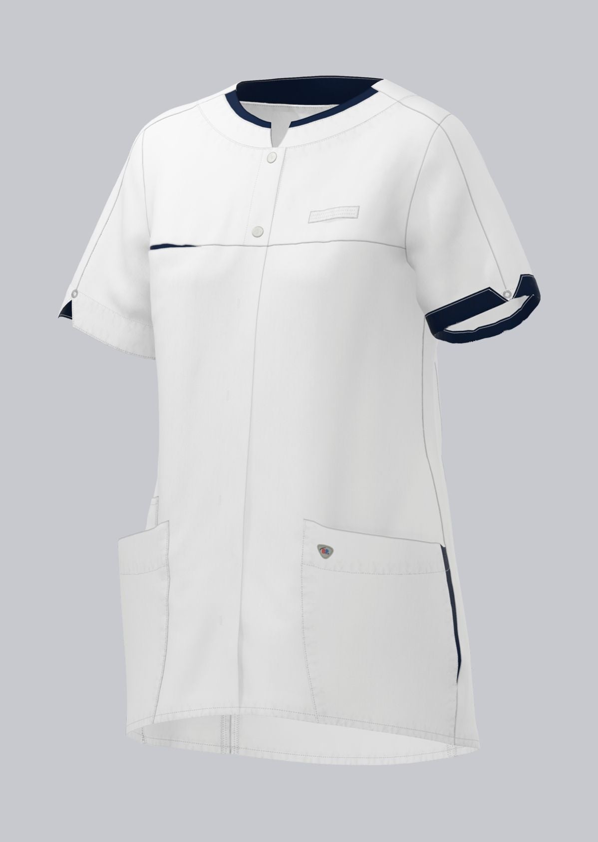 BP dames zorgtuniek met modern fit, drukknoopsluiting, kleuraccenten en smartphonezak voor zorgprofessionals