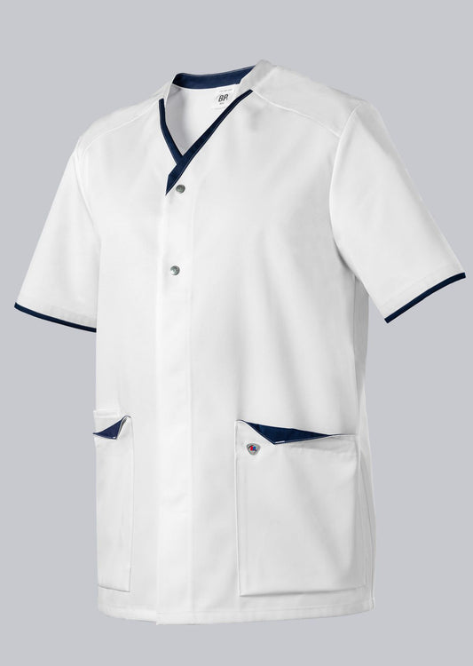BP unisex zorgtuniek met drukknoopsluiting, smartphonezak en sleutellus voor zorgprofessionals in wit