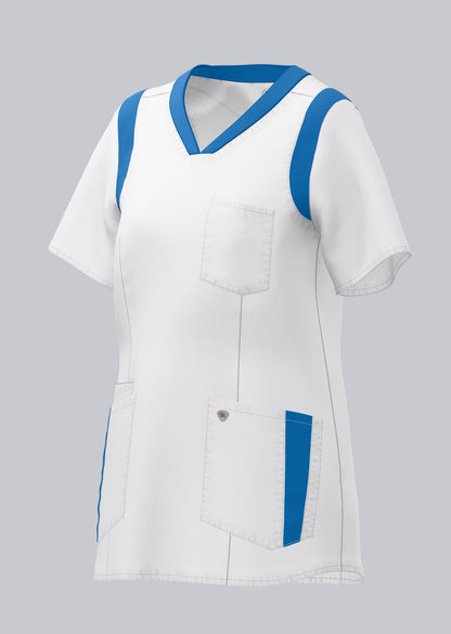 BP lichte dames zorgtuniek wit met azuurblauw met ademende stretchstof en moderne pasvorm
