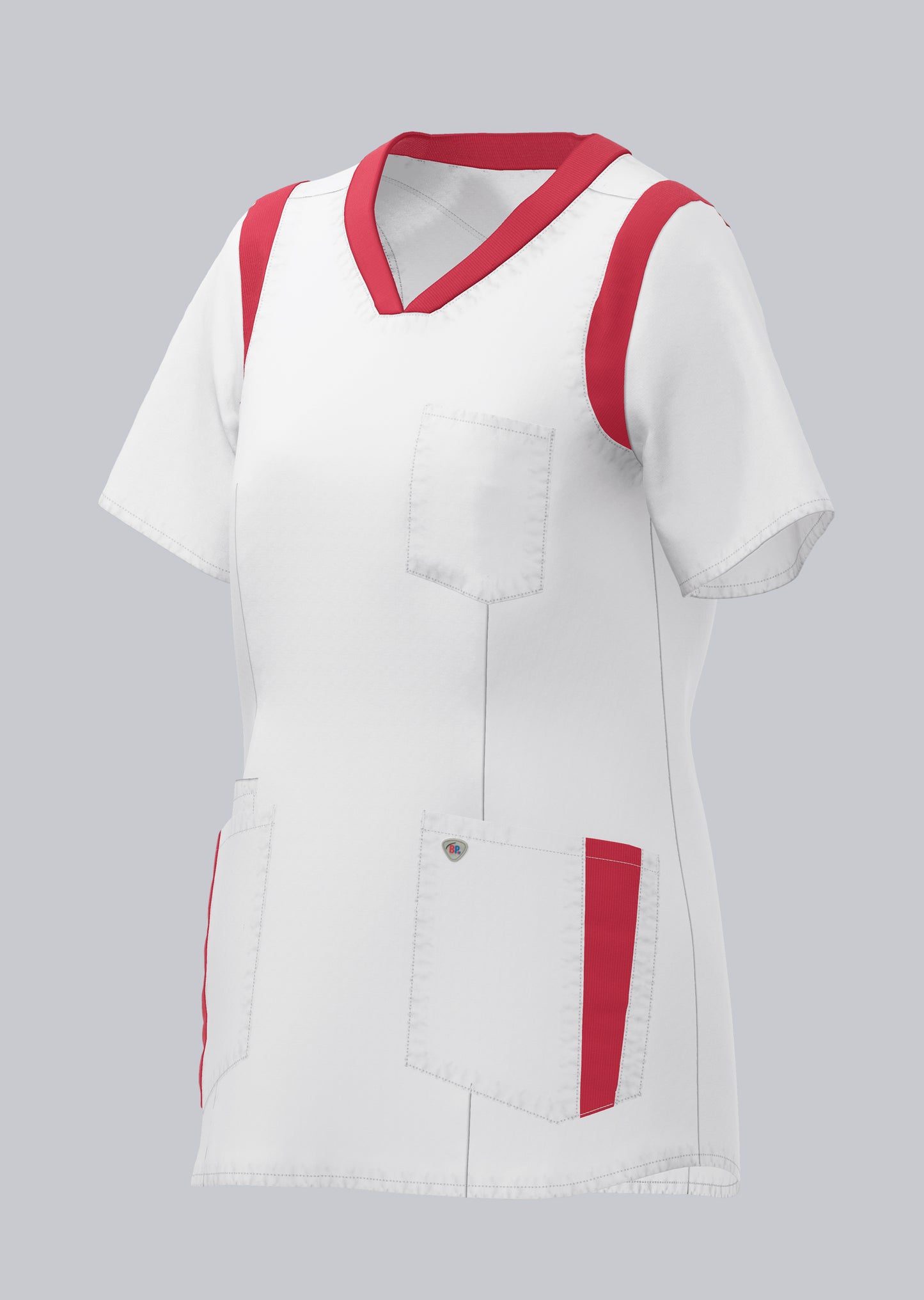 BP lichte dames zorgtuniek wit met coral kleuraccenten en flexibele inzetstukken voor comfort