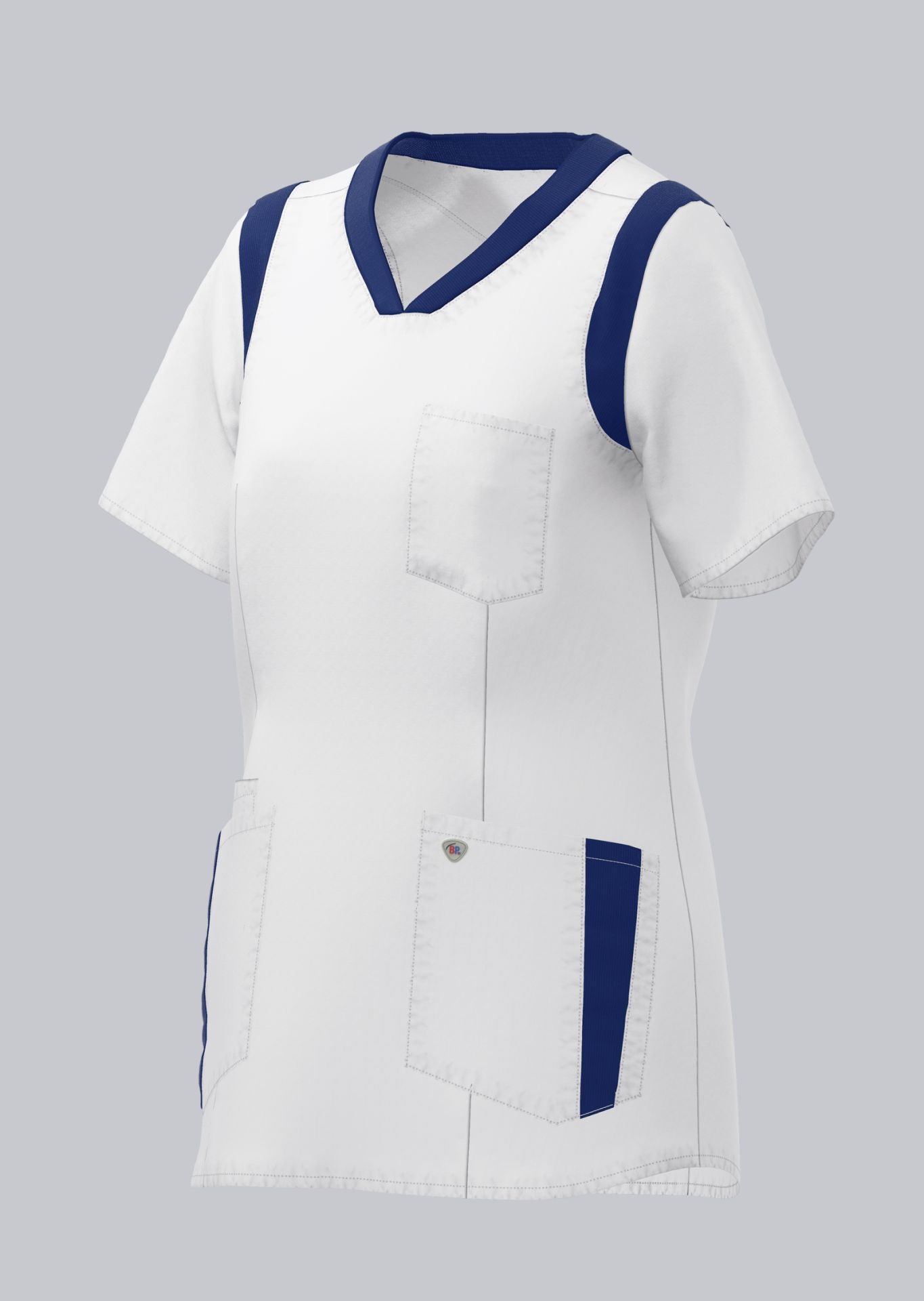 BP lichte dames zorgtuniek wit met nachtblauw met stretch en V-hals voor zorgprofessionals