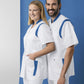 BP stretch dames zorgtuniek wit met azuurblauw met ademende stof en flexibele inzetstukken