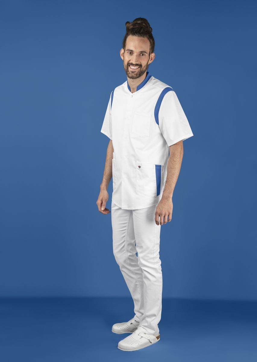 BP stretch dames zorgtuniek wit met azuurblauw met ademende stof en flexibele inzetstukken