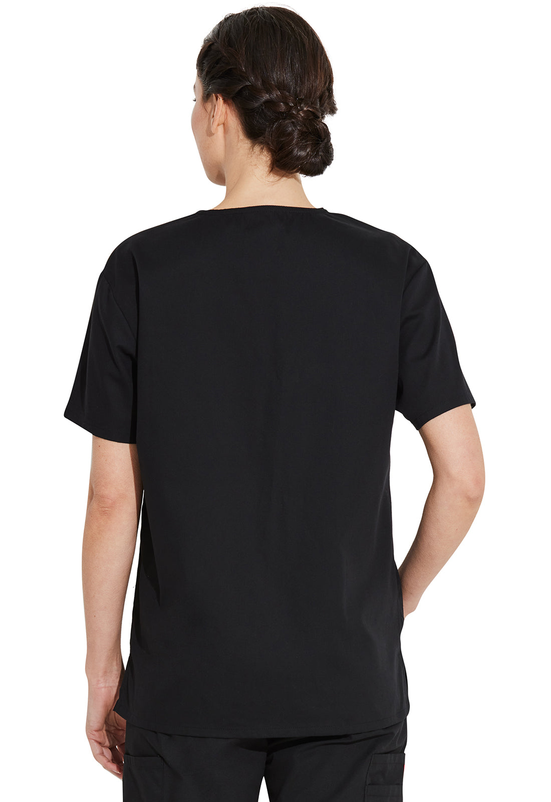 Unisex top met V-hals die in de broek gedragen kan worden met borstzak en zijsplitten