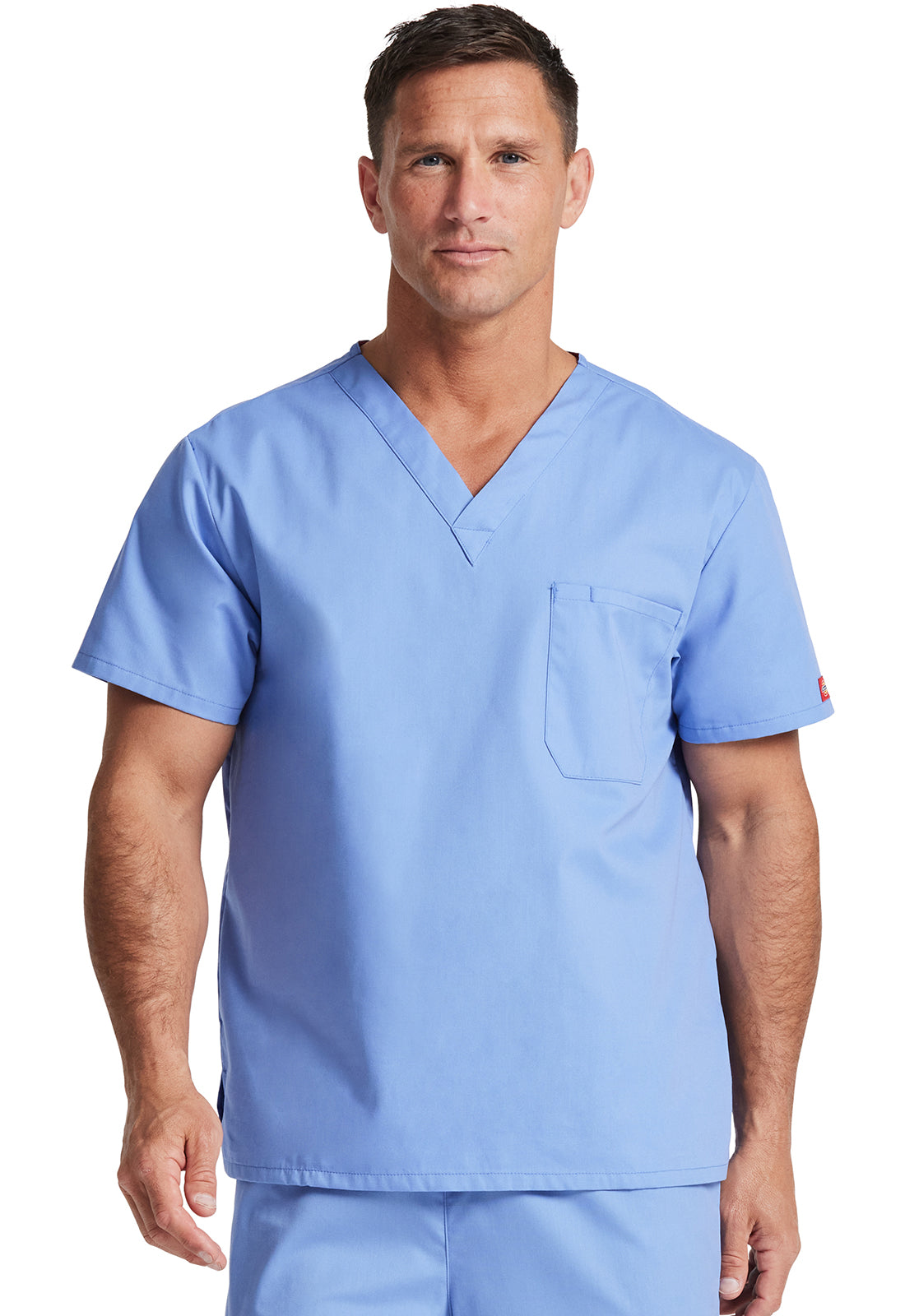 Unisex top met V-hals die in de broek gedragen kan worden met borstzak en zijsplitten