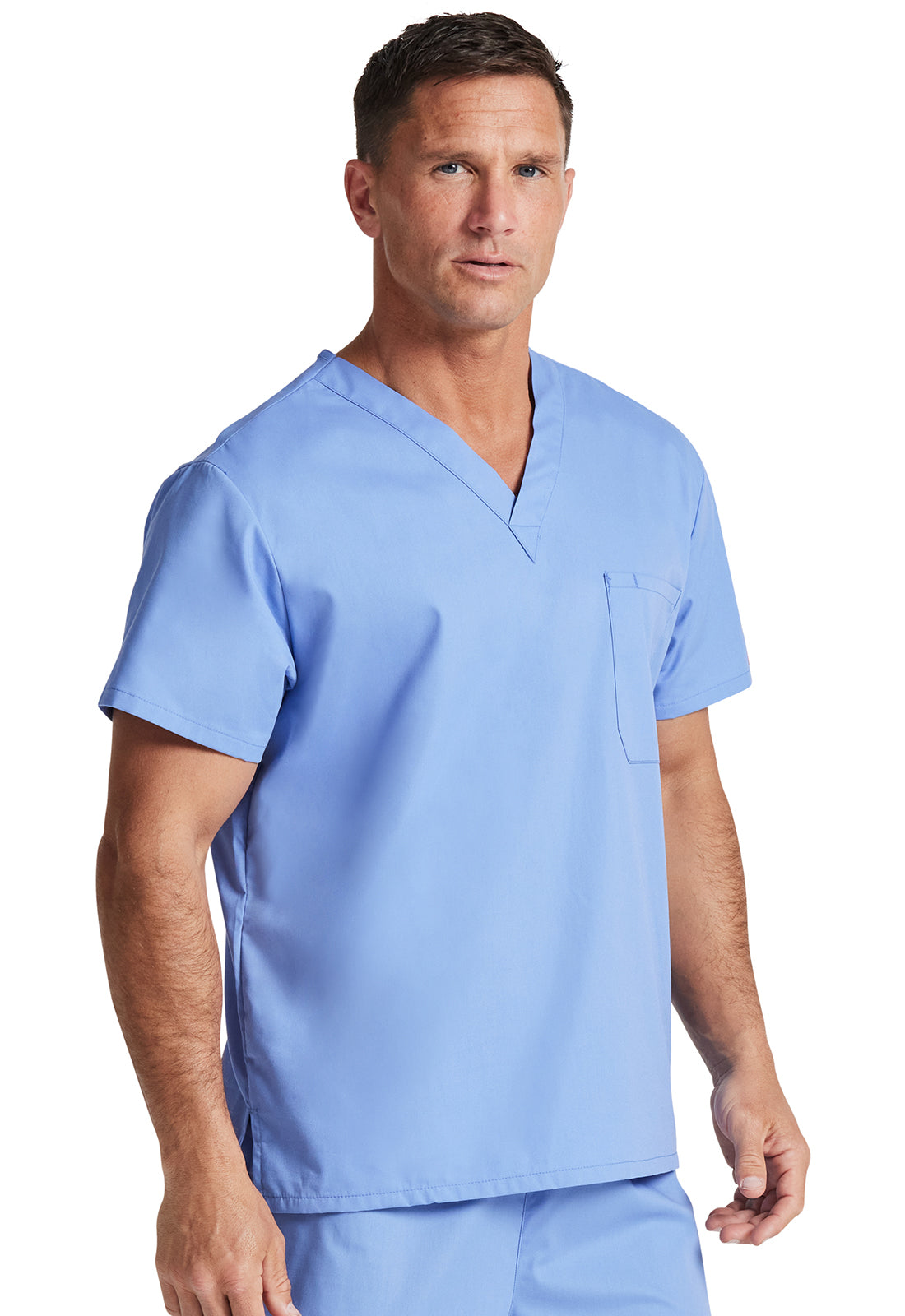 Unisex top met V-hals die in de broek gedragen kan worden met borstzak en zijsplitten
