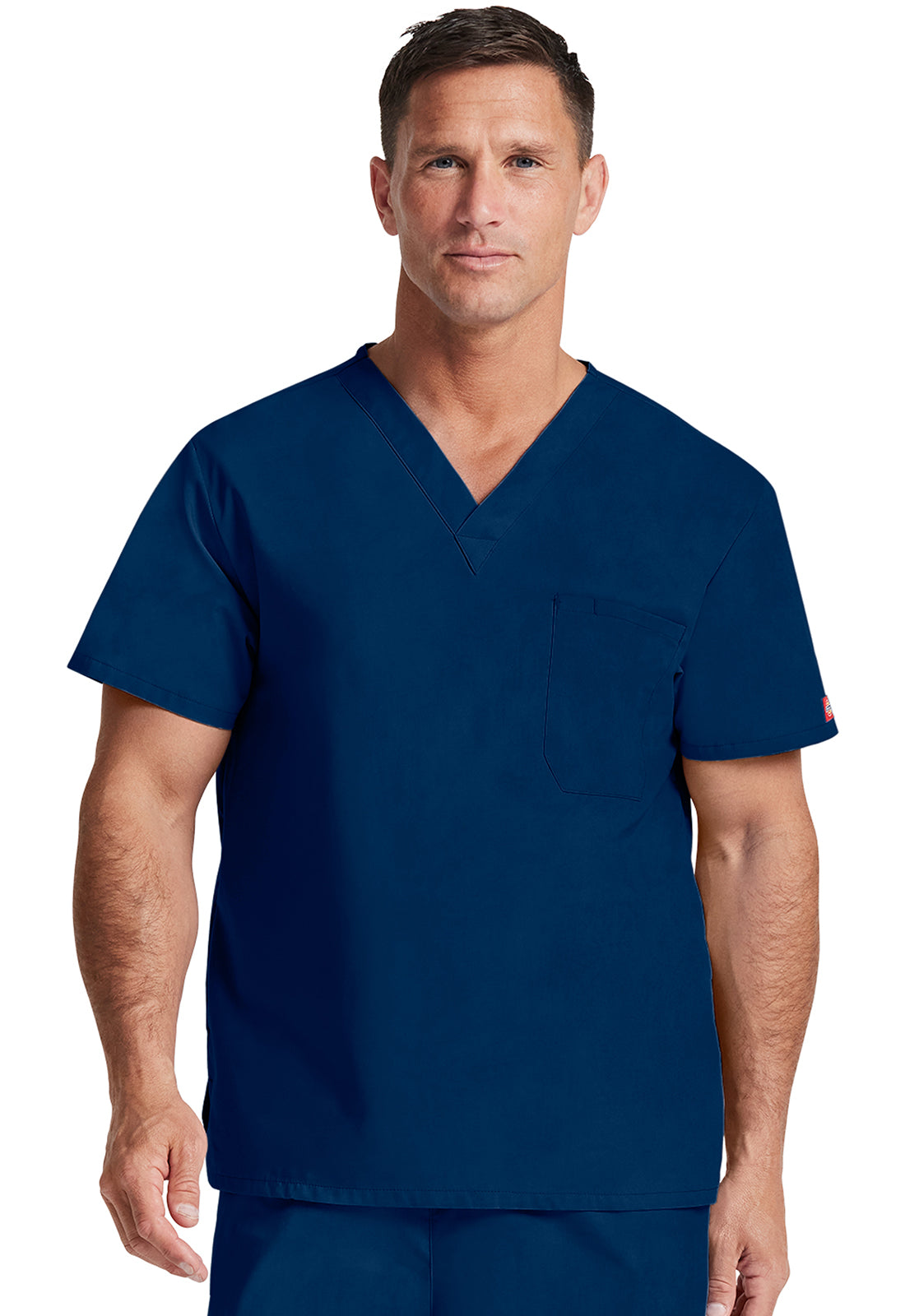 Unisex top met V-hals die in de broek gedragen kan worden met borstzak en zijsplitten