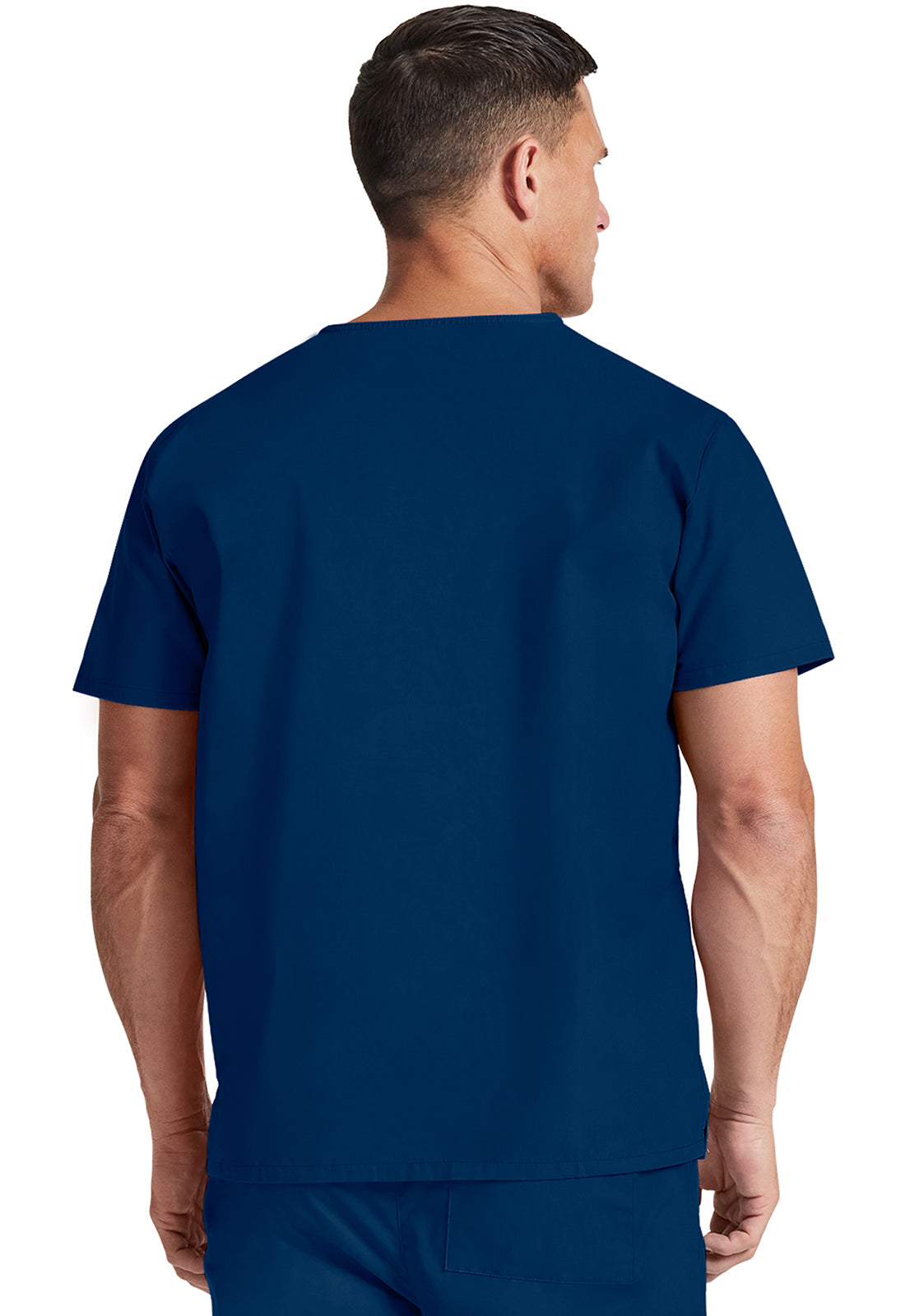 Unisex top met V-hals die in de broek gedragen kan worden met borstzak en zijsplitten