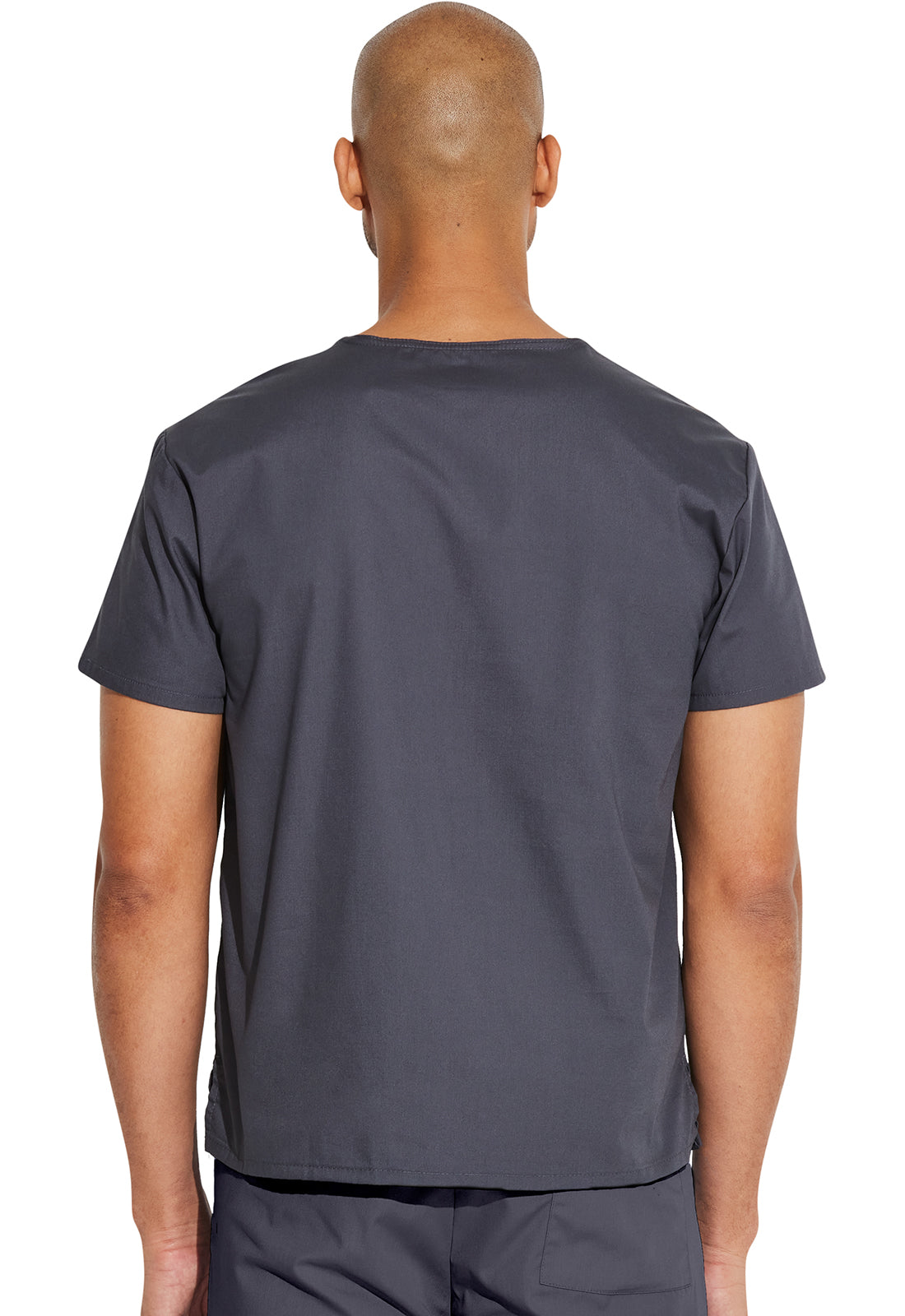 Unisex top met V-hals die in de broek gedragen kan worden met borstzak en zijsplitten