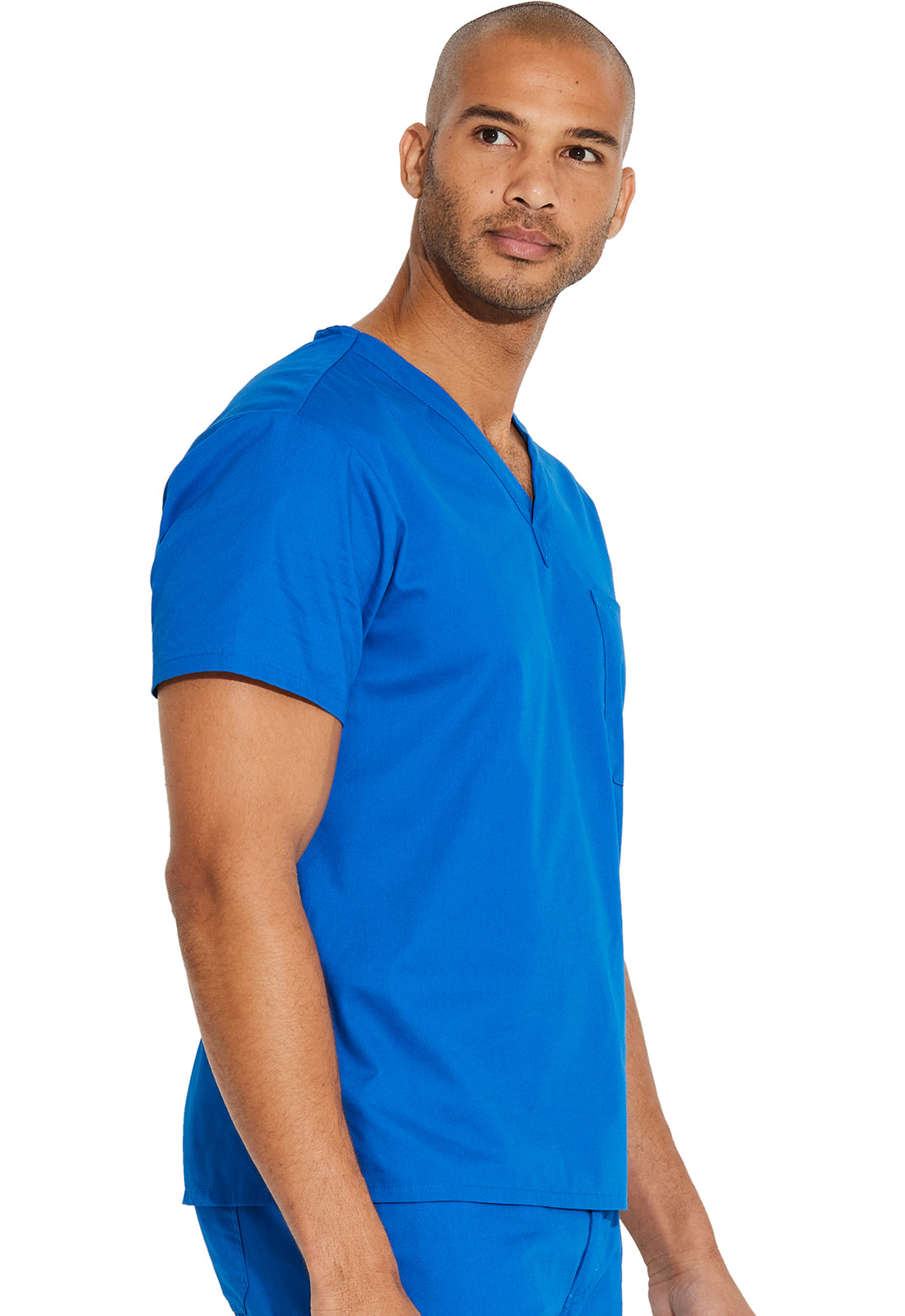Unisex top met V-hals die in de broek gedragen kan worden met borstzak en zijsplitten