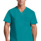 Unisex top met V-hals die in de broek gedragen kan worden met borstzak en zijsplitten