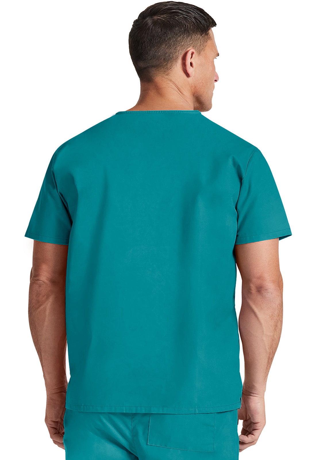 Unisex top met V-hals die in de broek gedragen kan worden met borstzak en zijsplitten