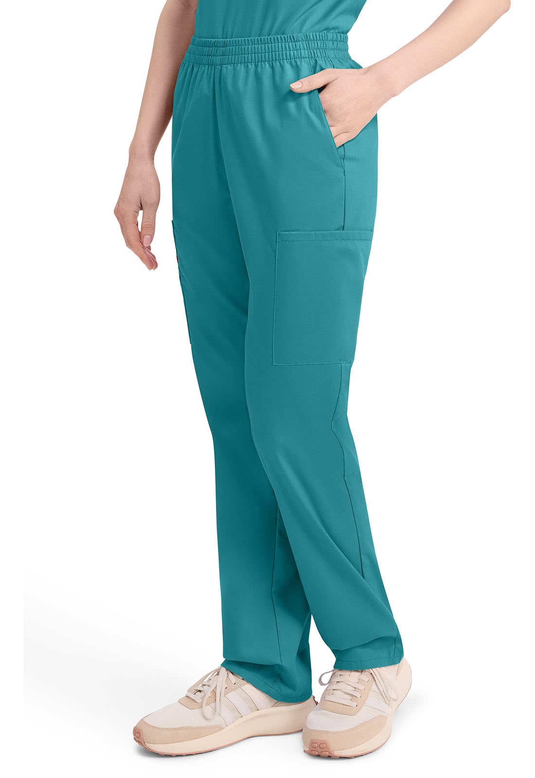 Broek met natuurlijke taille en taps toelopende pijpen dames met elastische tailleband en cargozakken DKE86106