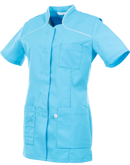 Alsico Mentha dames zorgtuniek blauw wit met magic azuur accenten voor zorgprofessionals