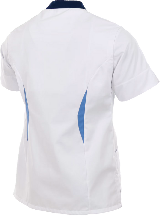 Achteraanzicht van Alsico Arjuno unisex zorgjas wit blauw voor zorgprofessionals