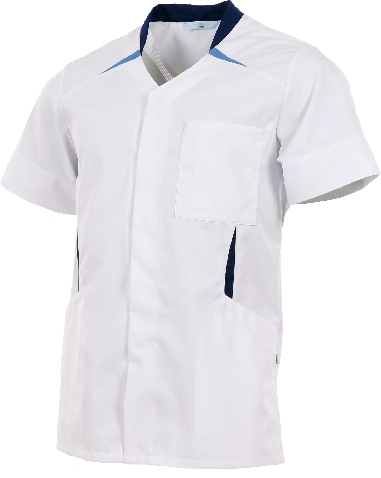 Alsico Arjuno unisex zorgjas wit blauw met V-hals en korte mouwen