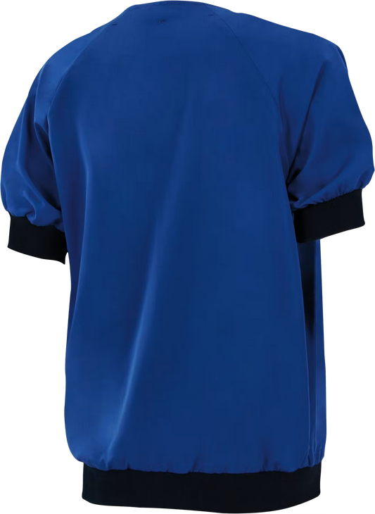 Achteraanzicht van Alsico Andreas blauw unisex zorgshirt met zwarte boorden